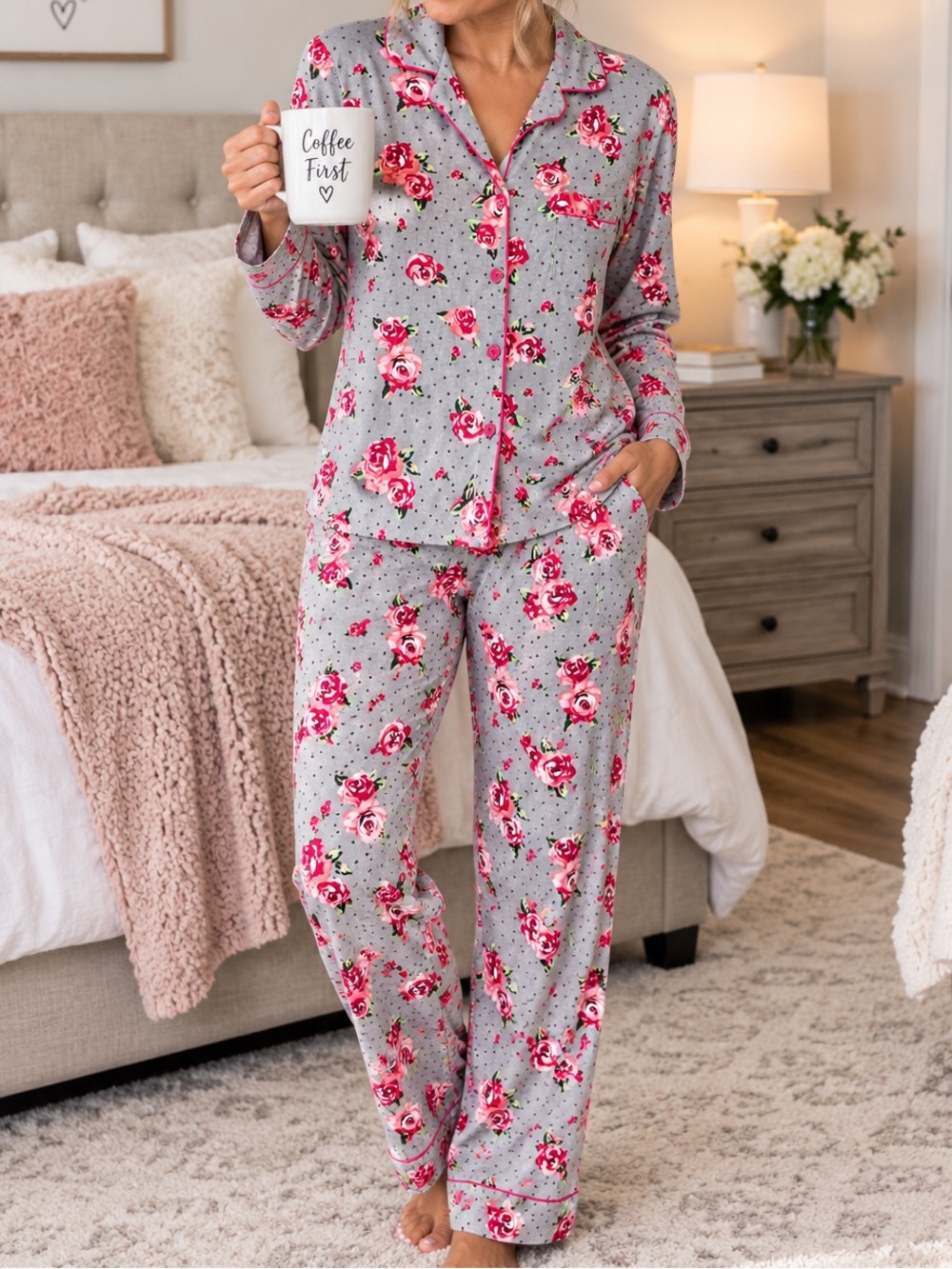 White Mark Nightwear Floral Rose Pajama Set Gray Pink Size M